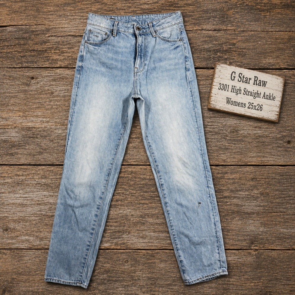G Star Raw 3301 High Straight Ankle Jeans Womens 25x26 Light Wash Blue